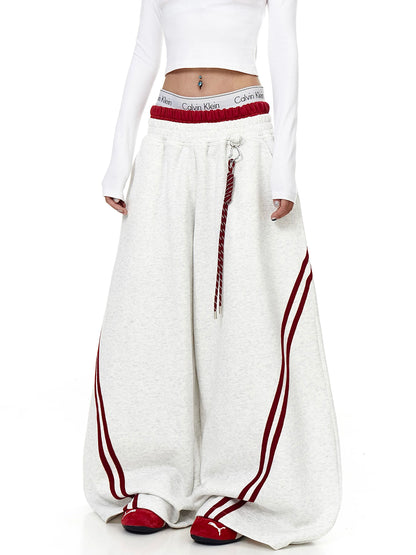Gray double-waist wide-leg sweatpants, full front view - Techwearofficial