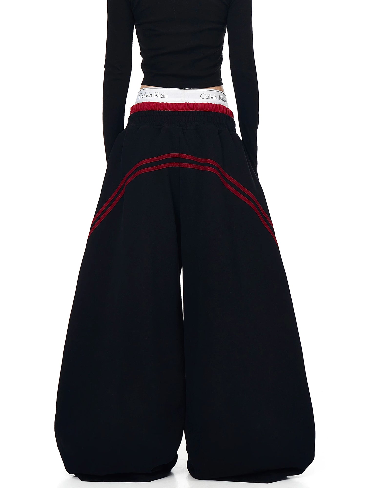 Black striped curved wide-leg sweatpants, back view - Techwearofficial