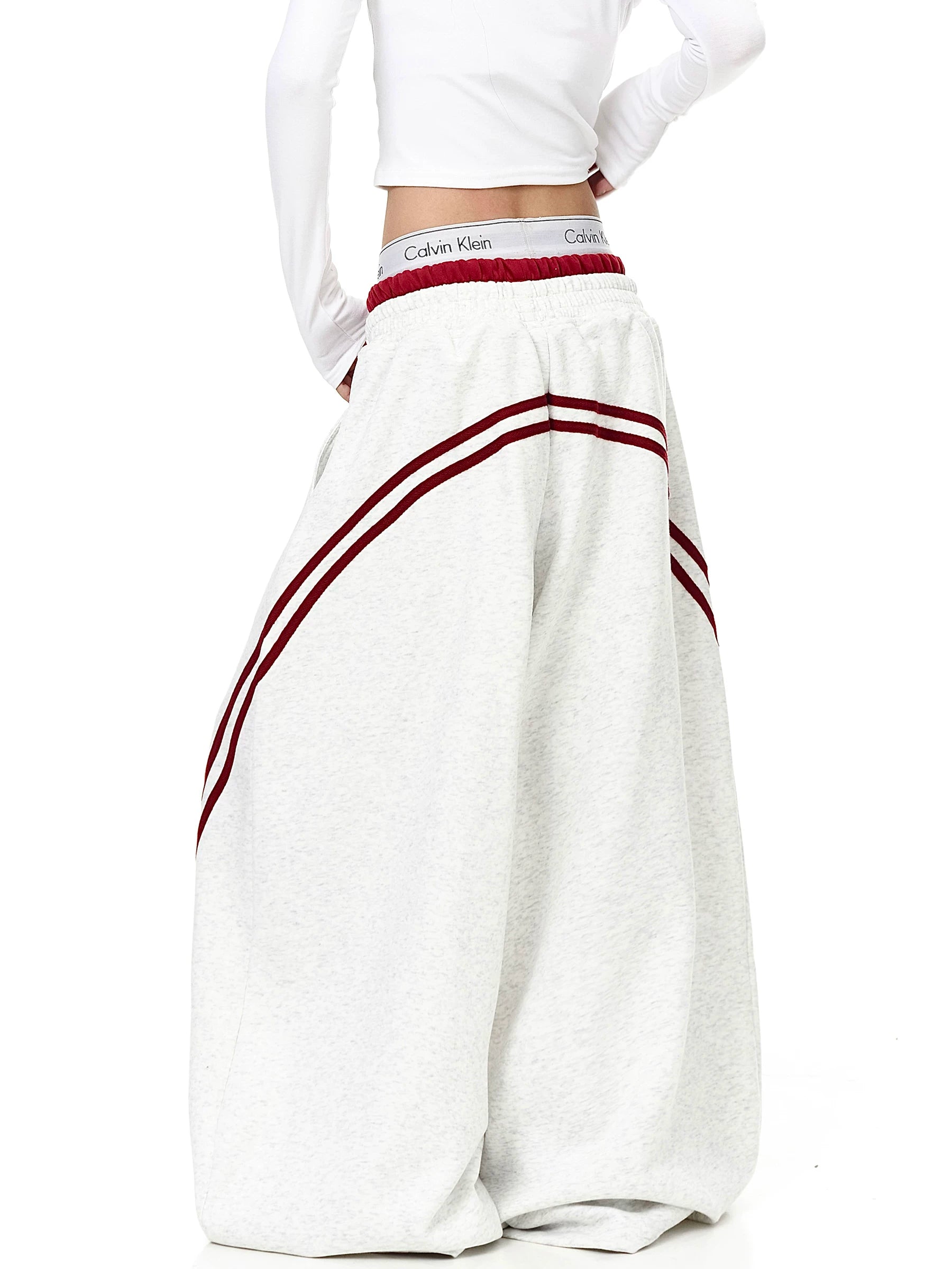 Gray striped curved wide-leg sweatpants, back view - Techwearofficial