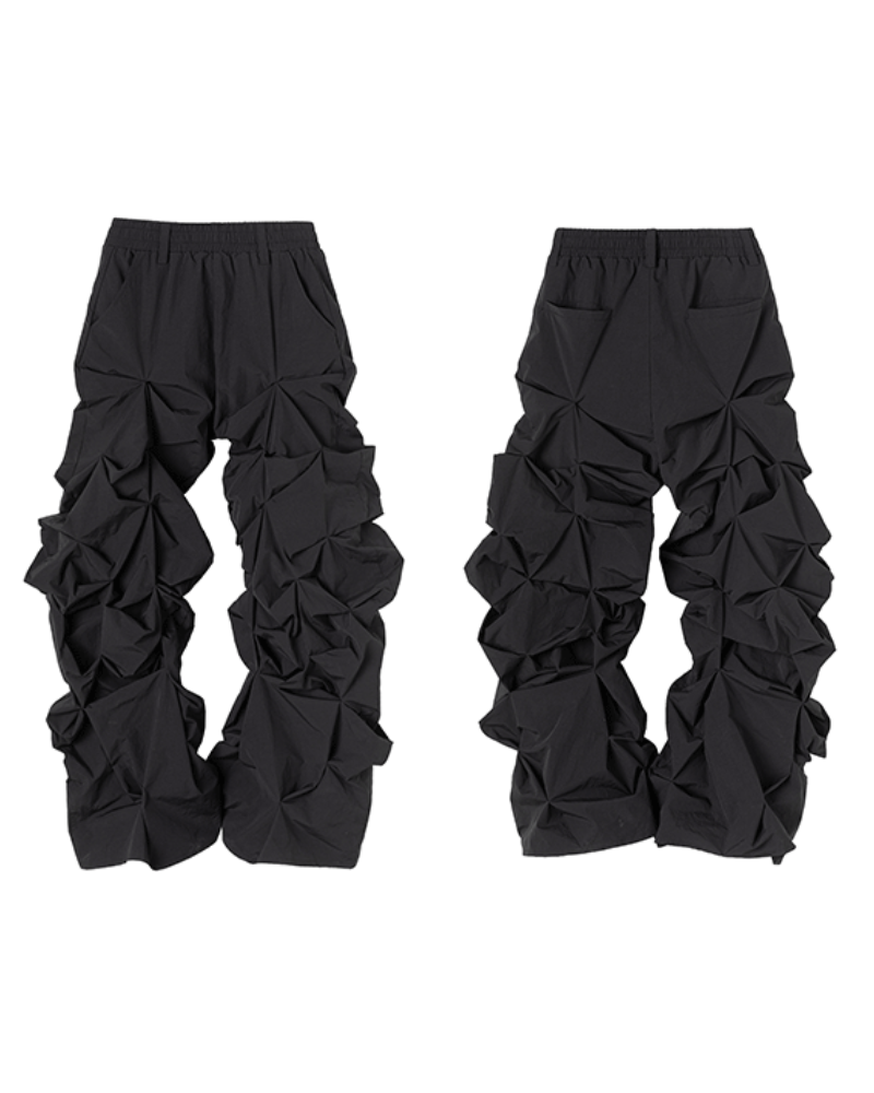 Opium Style 3D Sculpted Pleated Black Wide-Leg Pants