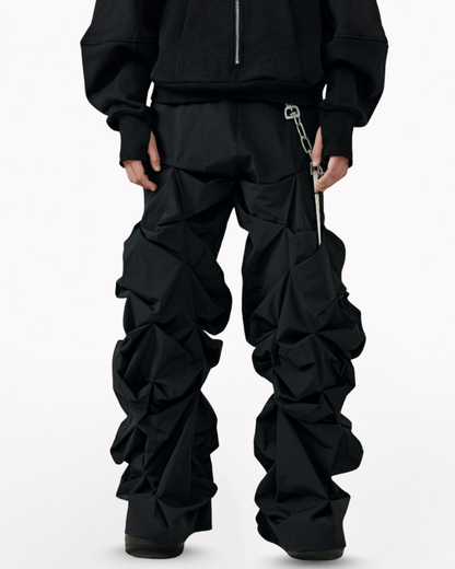 Opium Style 3D Sculpted Pleated Black Wide-Leg Pants