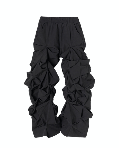 Opium Style 3D Sculpted Pleated Black Wide-Leg Pants