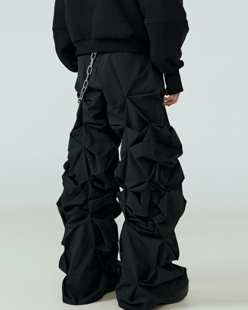 Opium Style 3D Sculpted Pleated Black Wide-Leg Pants