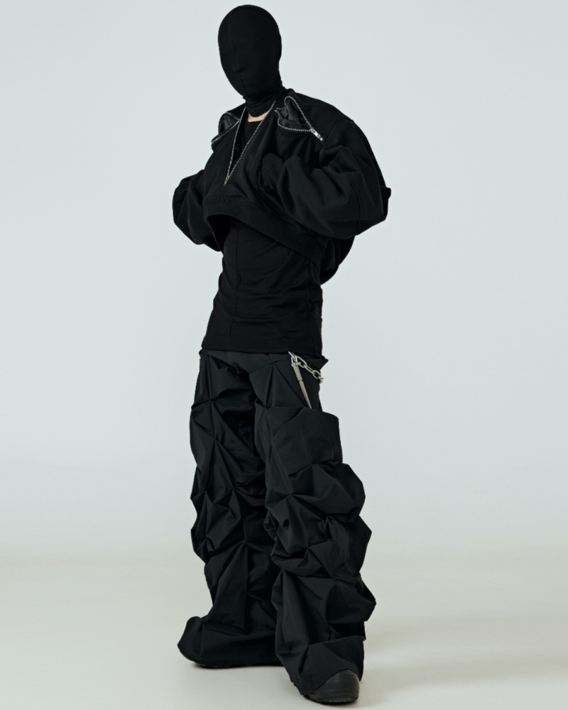 Opium Style 3D Sculpted Pleated Black Wide-Leg Pants