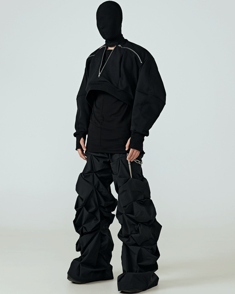 Opium Style 3D Sculpted Pleated Black Wide-Leg Pants