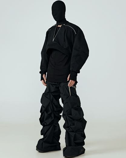 Opium Style 3D Sculpted Pleated Black Wide-Leg Pants