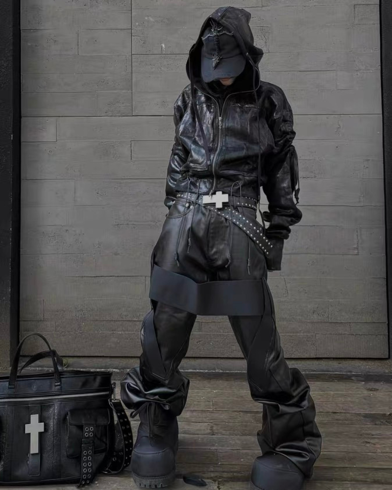 Opium Style Dark Waxed Metal–Effect Hooded Jacket