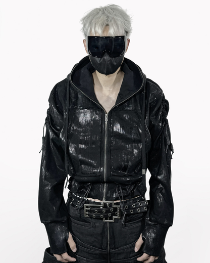 Opium Style Dark Waxed Metal–Effect Hooded Jacket – Techwear Official Opium Style Dark Waxed Metal–Effect Hooded Jacket – Techwear Official