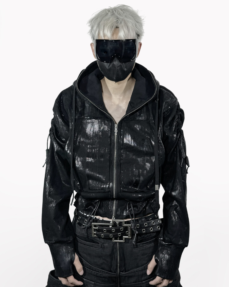 Opium Style Dark Waxed Metal–Effect Hooded Jacket