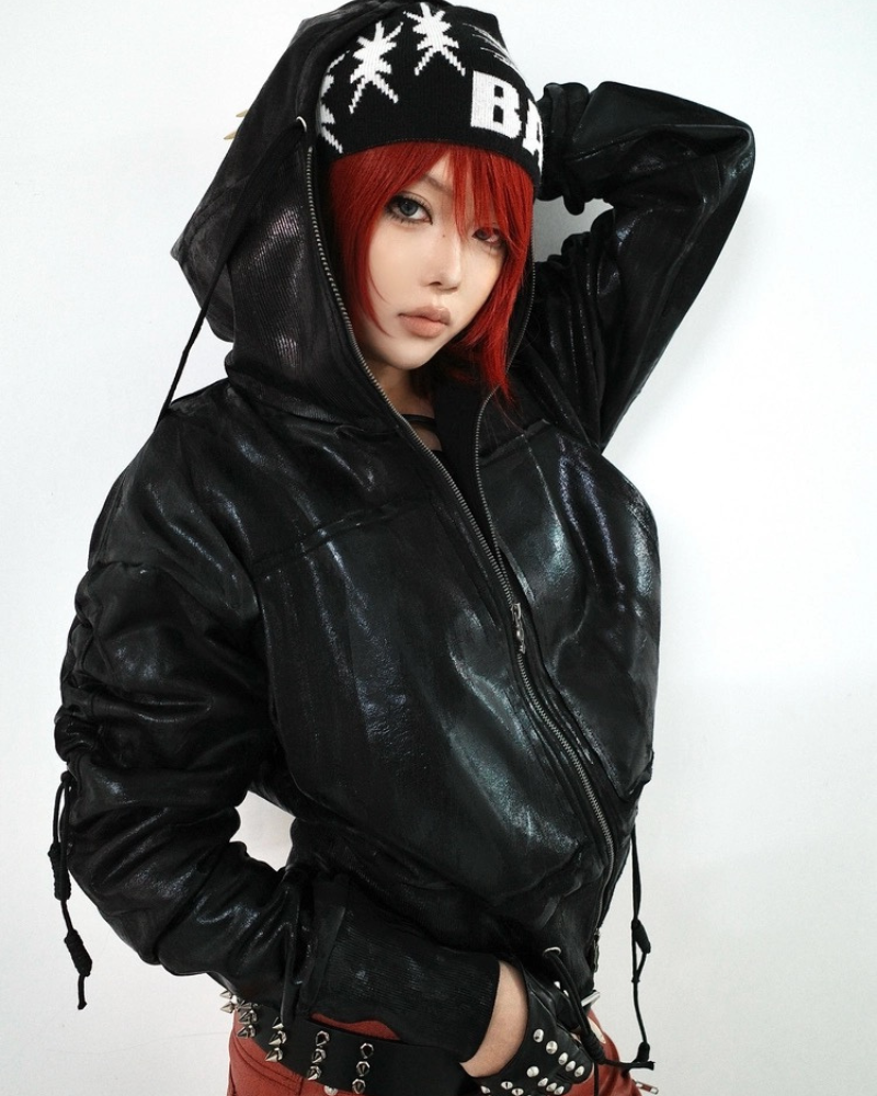 Opium Style Dark Waxed Metal–Effect Hooded Jacket
