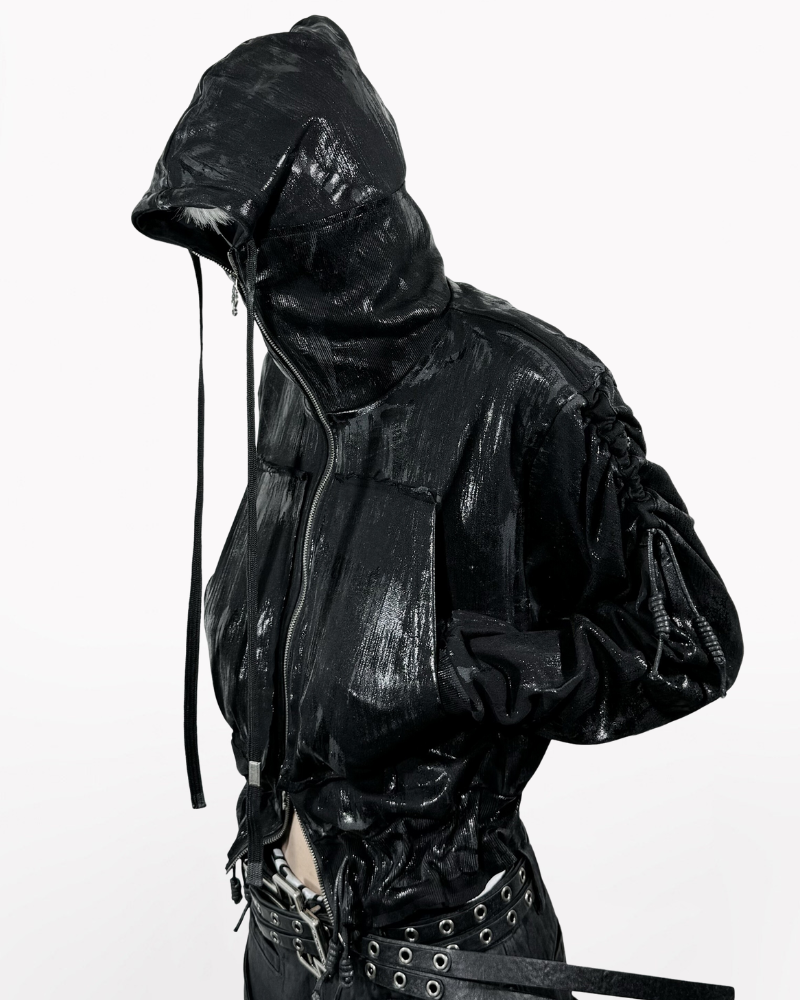 Opium Style Dark Waxed Metal–Effect Hooded Jacket