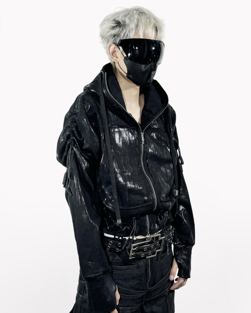 Opium Style Dark Waxed Metal–Effect Hooded Jacket