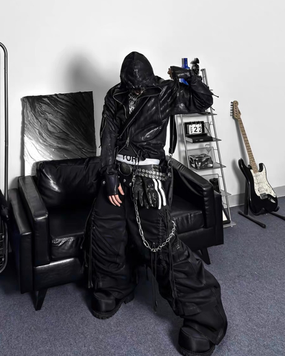 Opium Style Dark Waxed Metal–Effect Hooded Jacket