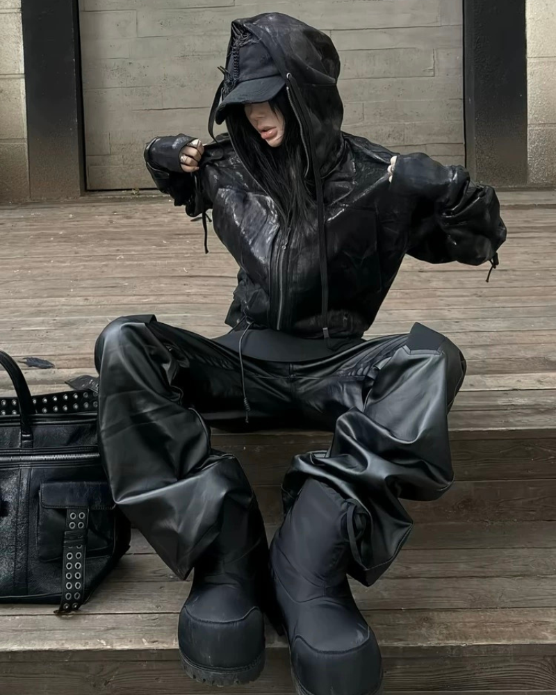 Opium Style Dark Waxed Metal–Effect Hooded Jacket – Techwear Official Opium Style Dark Waxed Metal–Effect Hooded Jacket – Techwear Official