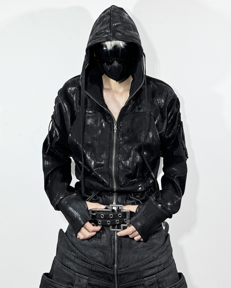 Opium Style Dark Waxed Metal–Effect Hooded Jacket