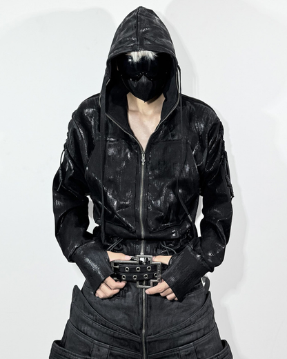 Opium Style Dark Waxed Metal–Effect Hooded Jacket