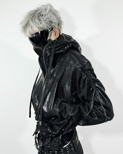 Opium Style Dark Waxed Metal–Effect Hooded Jacket