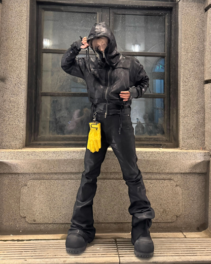 Opium Style Dark Waxed Metal–Effect Hooded Jacket