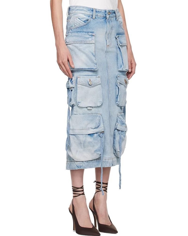 Oversize Pockets Denim Long Cargo Skirt