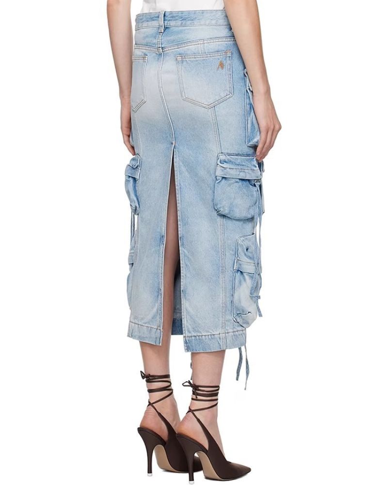 Oversize Pockets Denim Long Cargo Skirt