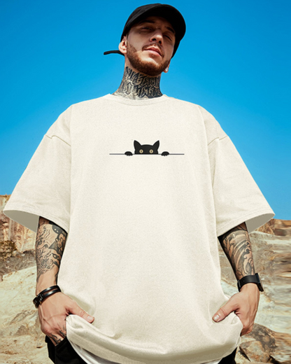 Oversize Streetwear Hide Cat Graphic T-Shirt