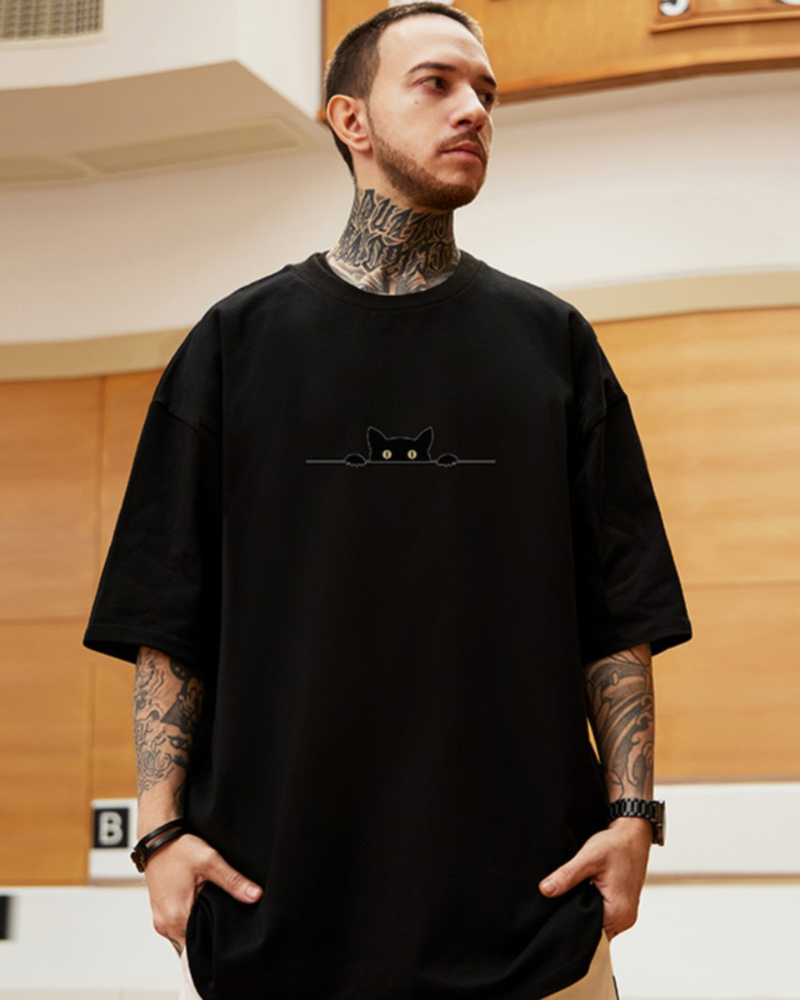 Oversize Streetwear Hide Cat Graphic T-Shirt