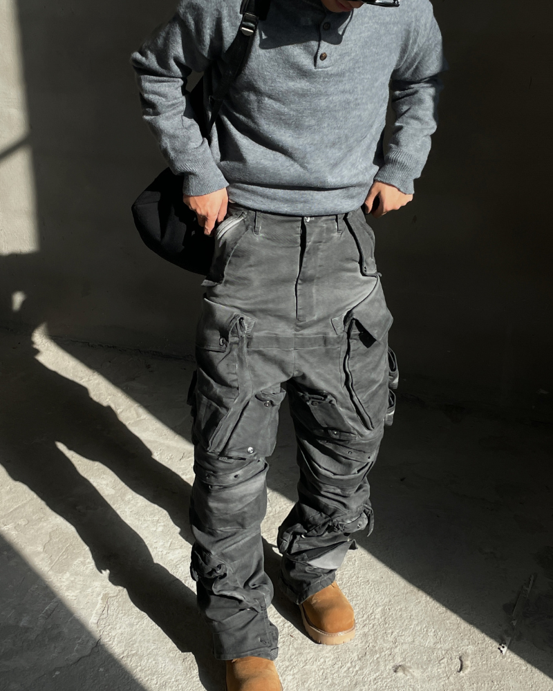 Post-Apocalyptic 3D Arc-Studded Distressed Cargo Pants