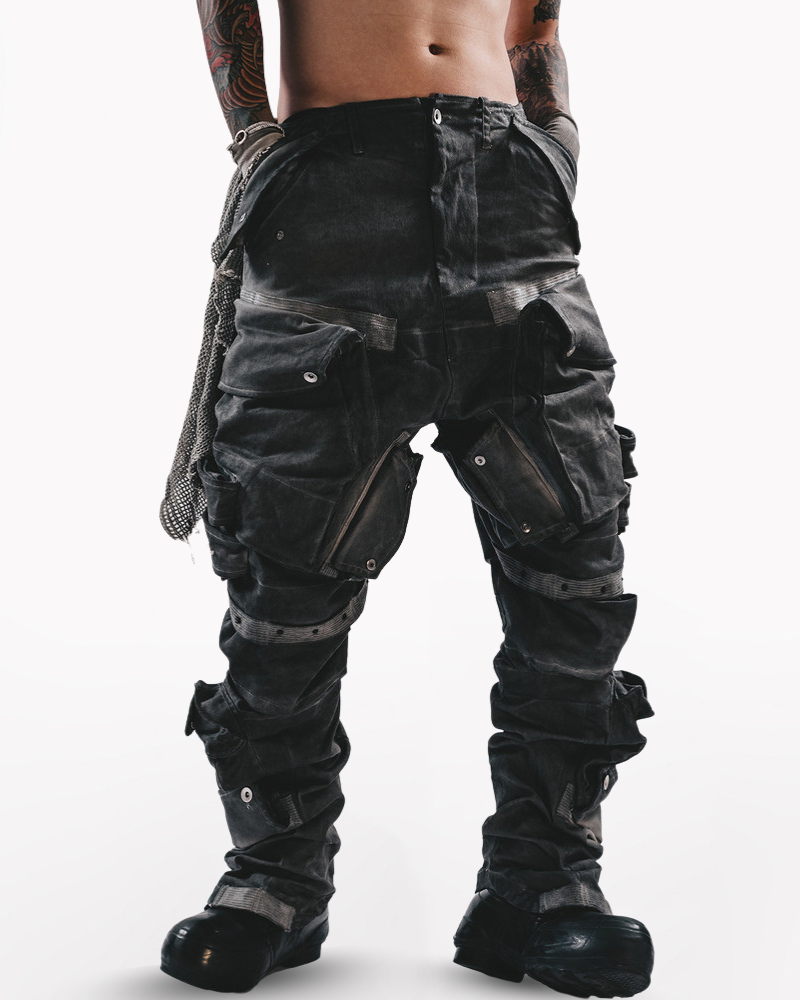 Post-Apocalyptic 3D Arc-Studded Distressed Cargo Pants
