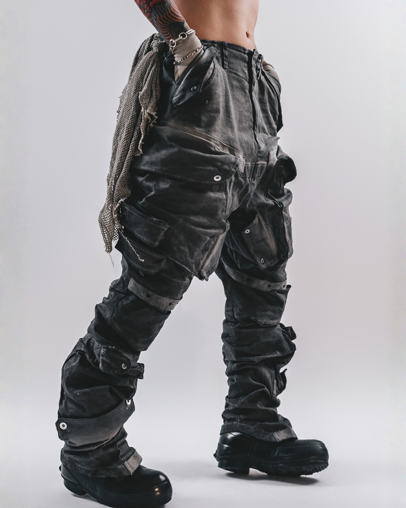 Post-Apocalyptic 3D Arc-Studded Distressed Cargo Pants