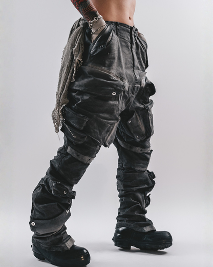 Post-Apocalyptic 3D Arc-Studded Distressed Cargo Pants