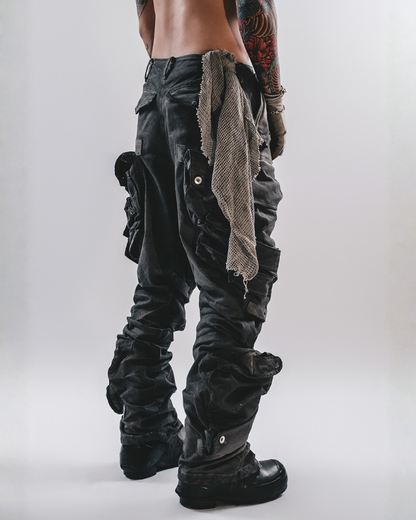 Post-Apocalyptic 3D Arc-Studded Distressed Cargo Pants