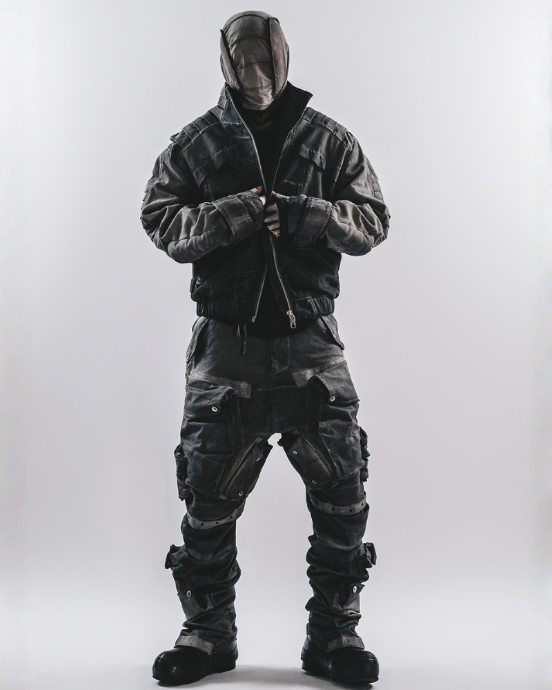 Post-Apocalyptic 3D Arc-Studded Distressed Cargo Pants