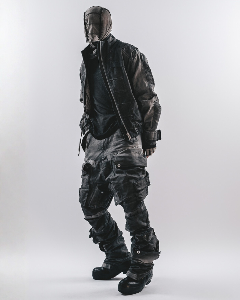 Post-Apocalyptic 3D Arc-Studded Distressed Cargo Pants