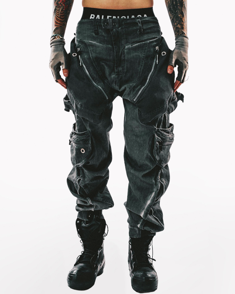 Post-Apocalyptic Dark-Wash Multi-Pocket Cargo Pants