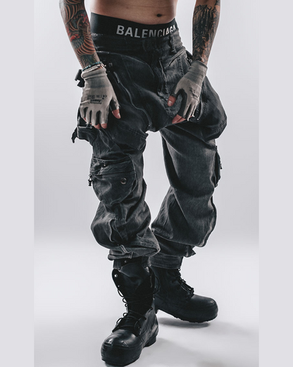 Post-Apocalyptic Dark-Wash Multi-Pocket Cargo Pants