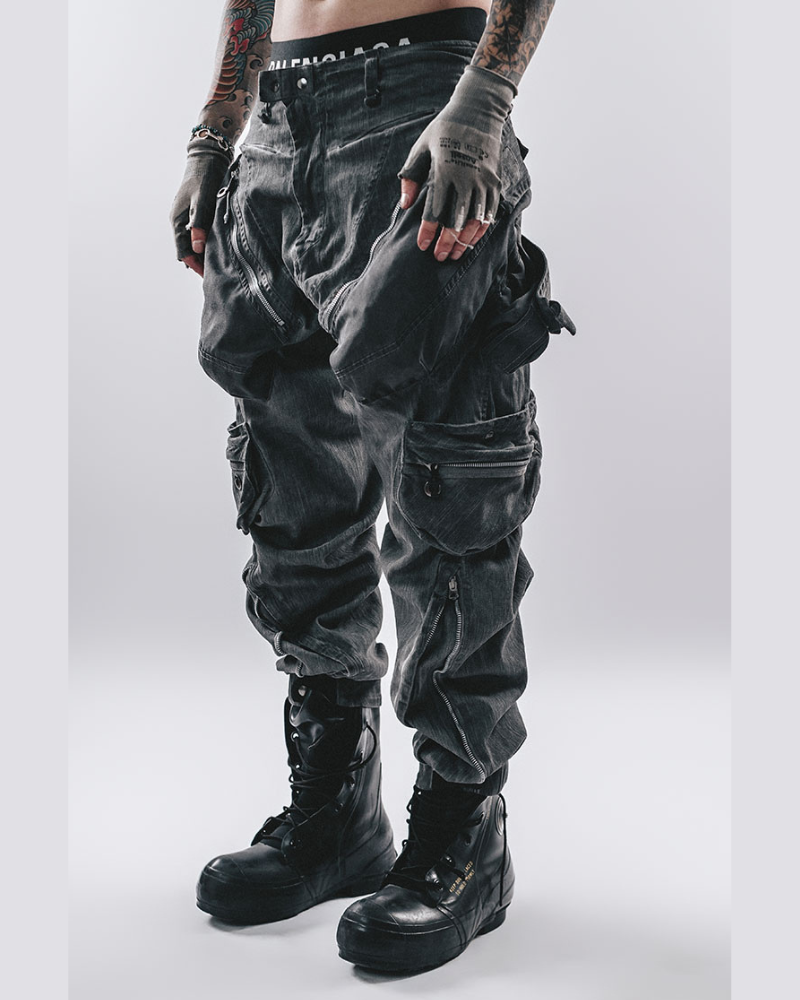 Post-Apocalyptic Dark-Wash Multi-Pocket Cargo Pants