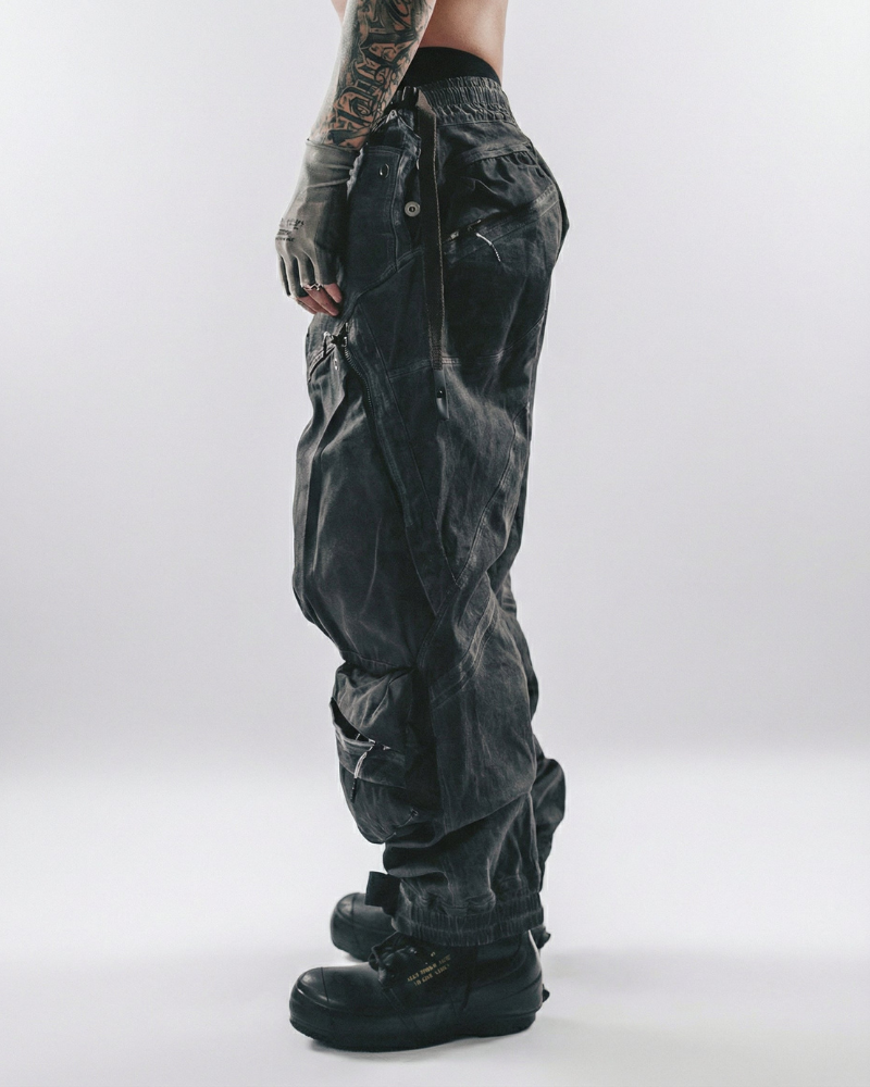 Post-Apocalyptic Washed 3D Panel Multi-Pocket Cargo Pants