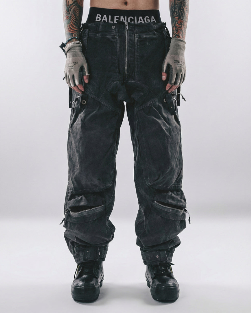 Post-Apocalyptic Washed 3D Panel Multi-Pocket Cargo Pants