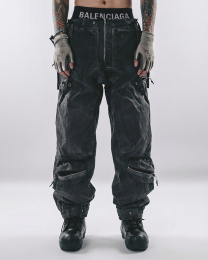 Post-Apocalyptic Washed 3D Panel Multi-Pocket Cargo Pants