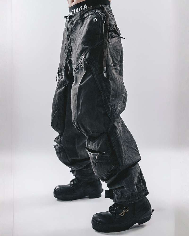 Post-Apocalyptic Washed 3D Panel Multi-Pocket Cargo Pants