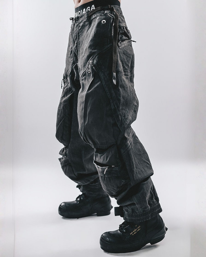 Post-Apocalyptic Washed 3D Panel Multi-Pocket Cargo Pants