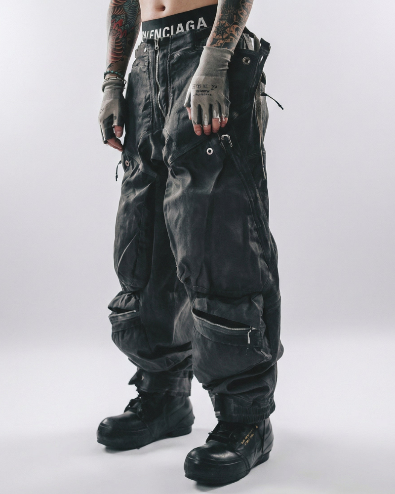Post-Apocalyptic Washed 3D Panel Multi-Pocket Cargo Pants