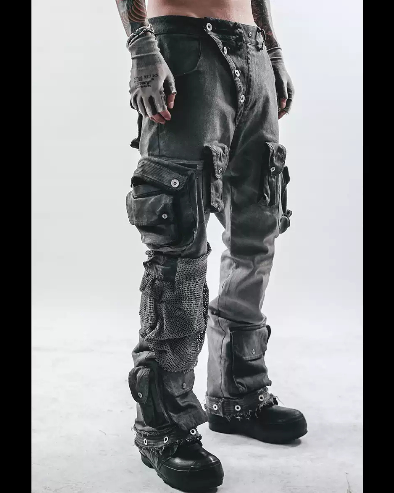 Post-Apocalyptic Washed Asymmetrical Multi-Pocket Flare Cargo Pants