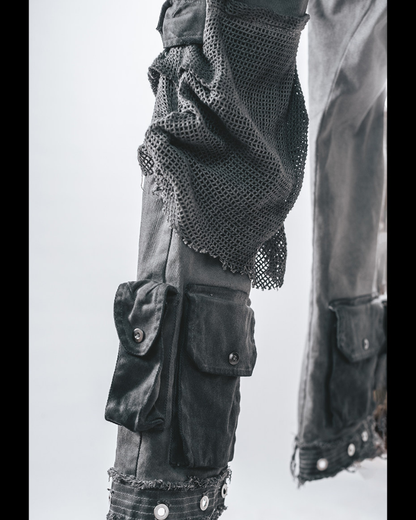 Post-Apocalyptic Washed Asymmetrical Multi-Pocket Flare Cargo Pants