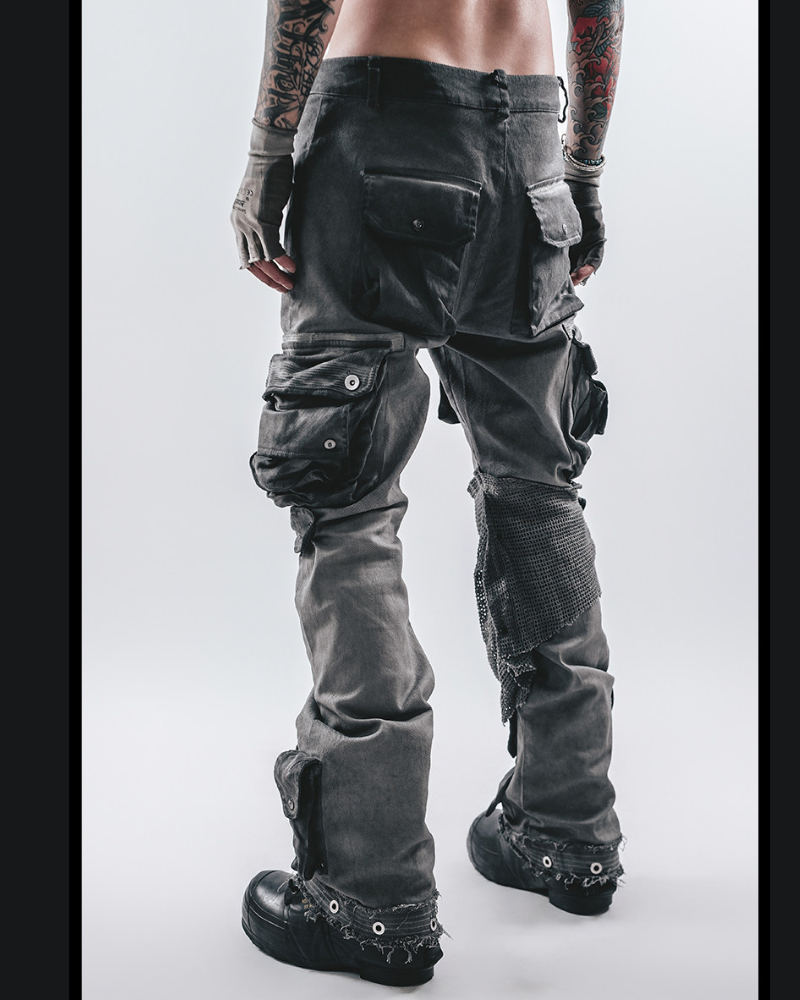 Post-Apocalyptic Washed Asymmetrical Multi-Pocket Flare Cargo Pants