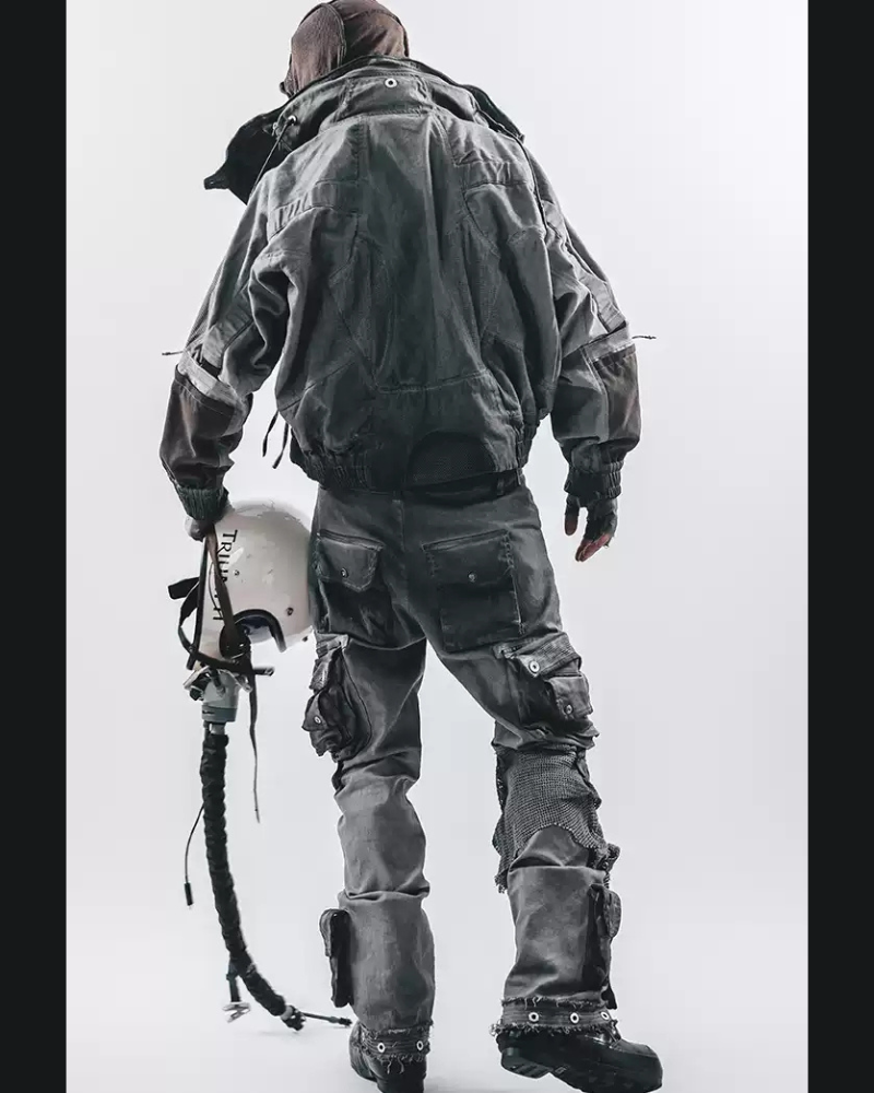 Post-Apocalyptic Washed Asymmetrical Multi-Pocket Flare Cargo Pants