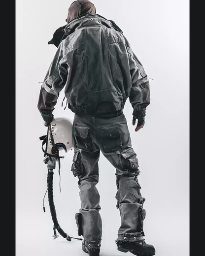 Post-Apocalyptic Washed Asymmetrical Multi-Pocket Flare Cargo Pants