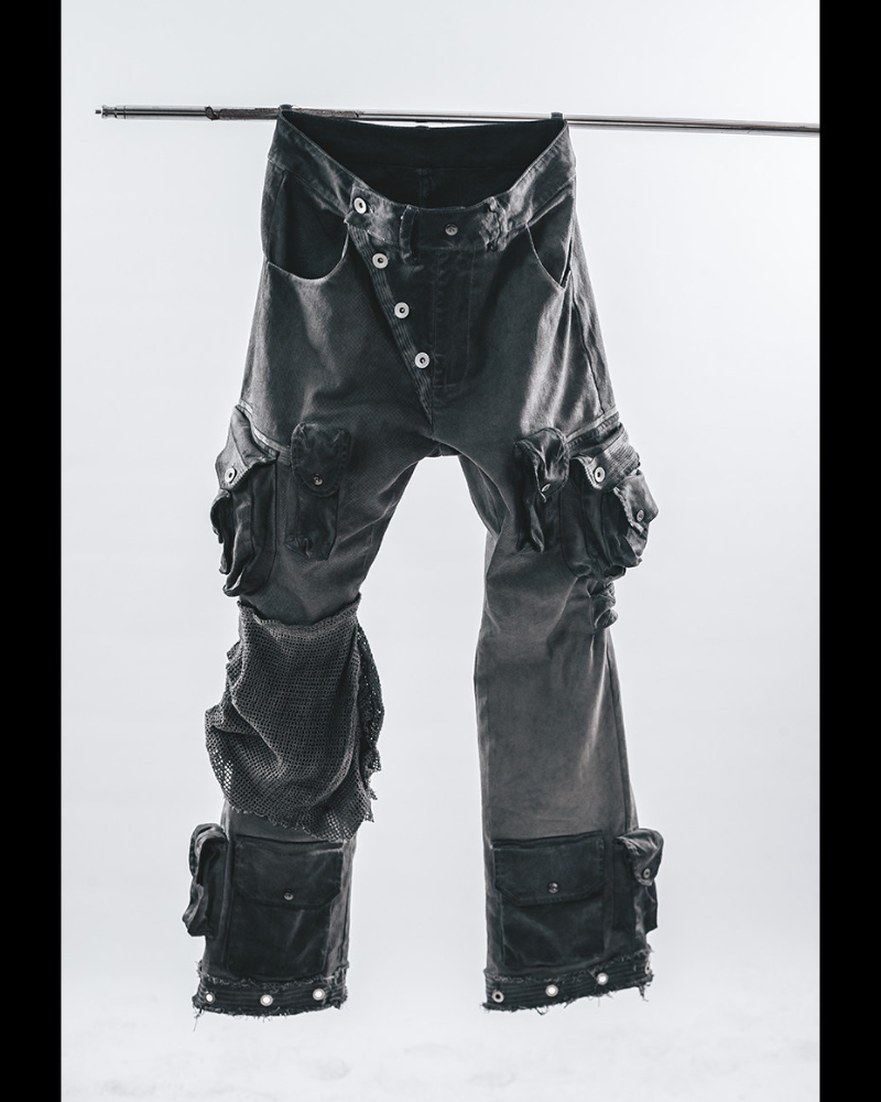 Post-Apocalyptic Washed Asymmetrical Multi-Pocket Flare Cargo Pants