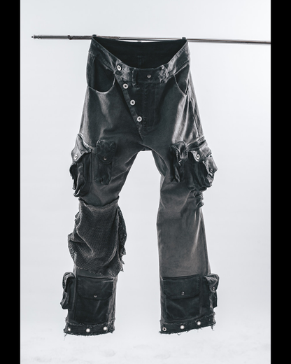 Post-Apocalyptic Washed Asymmetrical Multi-Pocket Flare Cargo Pants