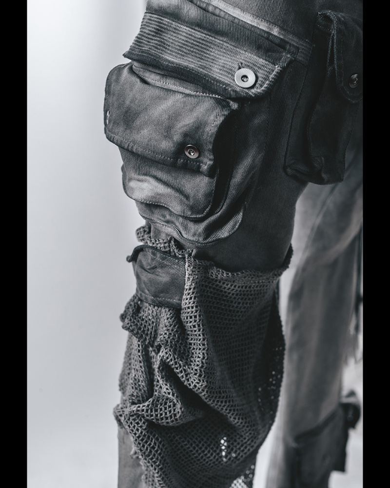 Post-Apocalyptic Washed Asymmetrical Multi-Pocket Flare Cargo Pants